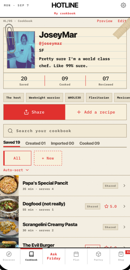 JoseyMar's cookbook page on Hotline: profile, follow button and a grid of recipes